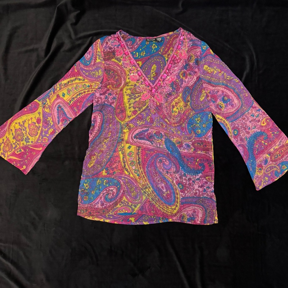 Sheer Chiffon Beaded Tunic Coverup Size Medium